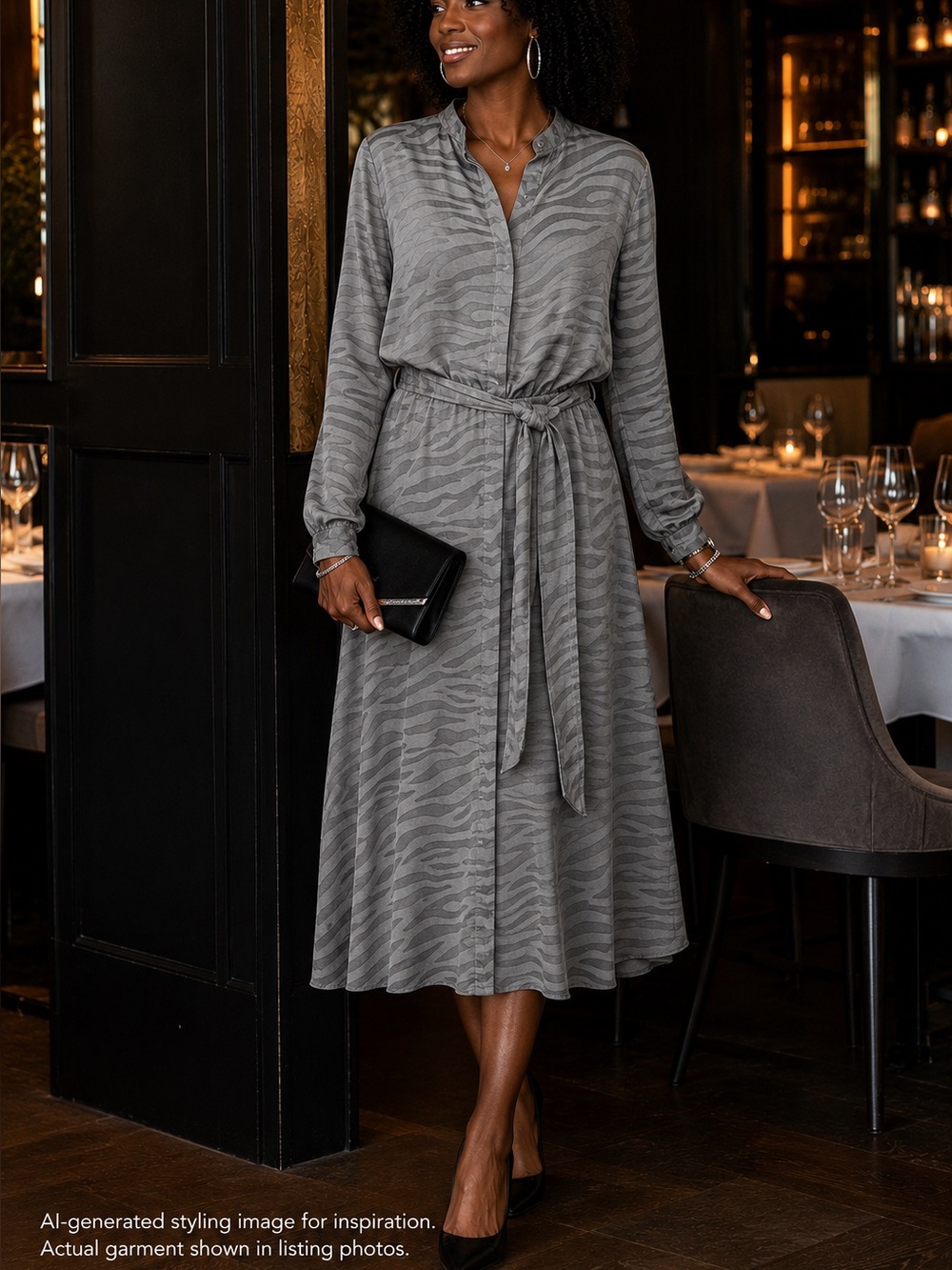 Bella Dahl Gray Zebra Jacquard Tie Waist Midi Shirt Dress Quiet Luxury M